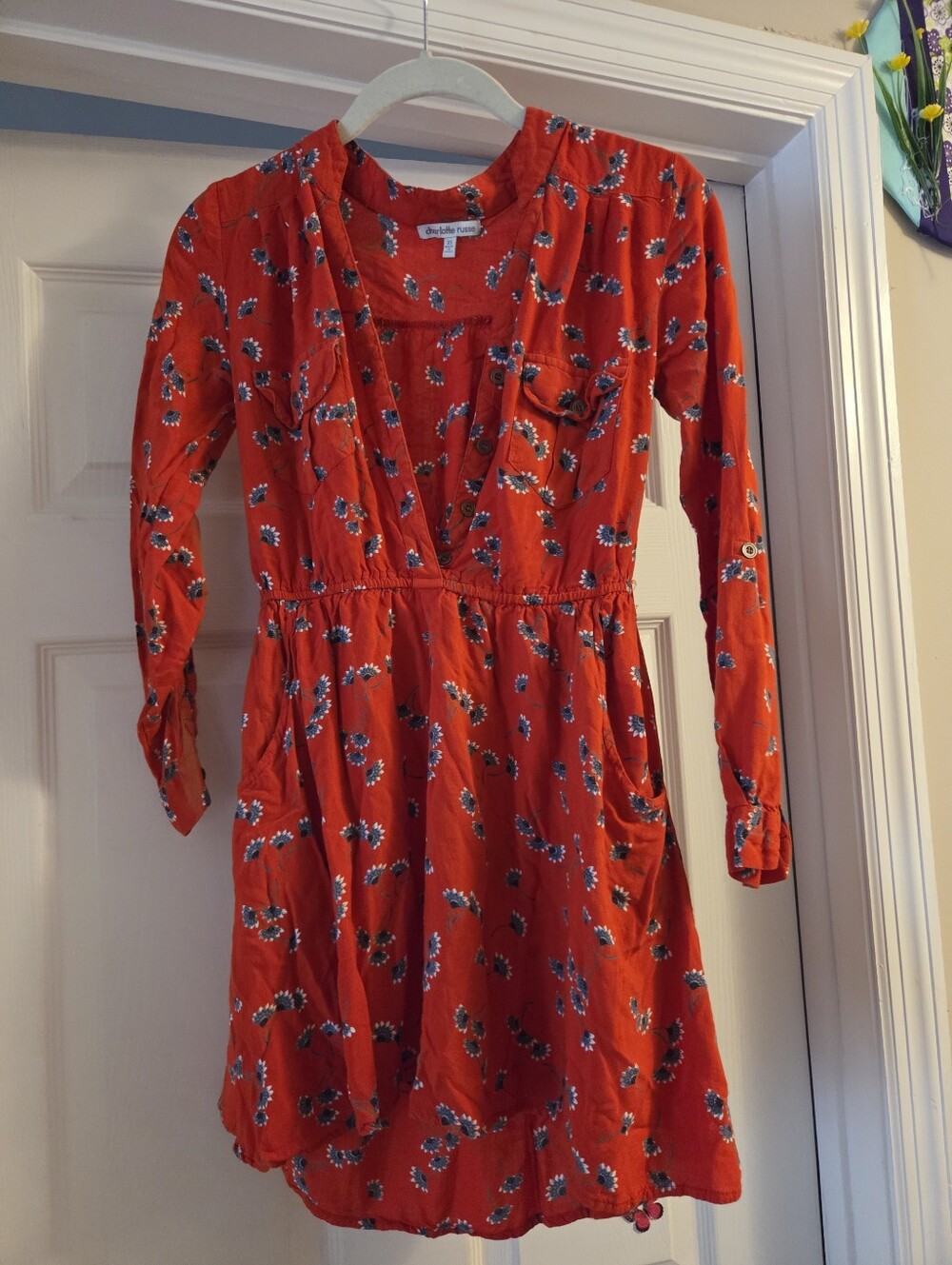 Charlotte Russe Xs Red Long Sleeved Red Boho Dress With Pockets